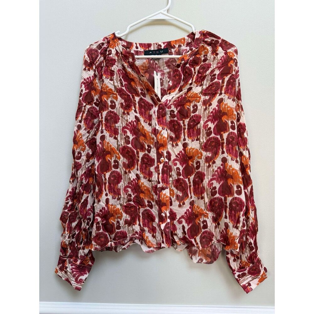 Anthropologie Burgundy & Orange Floral Pleated Button-Front Blouse